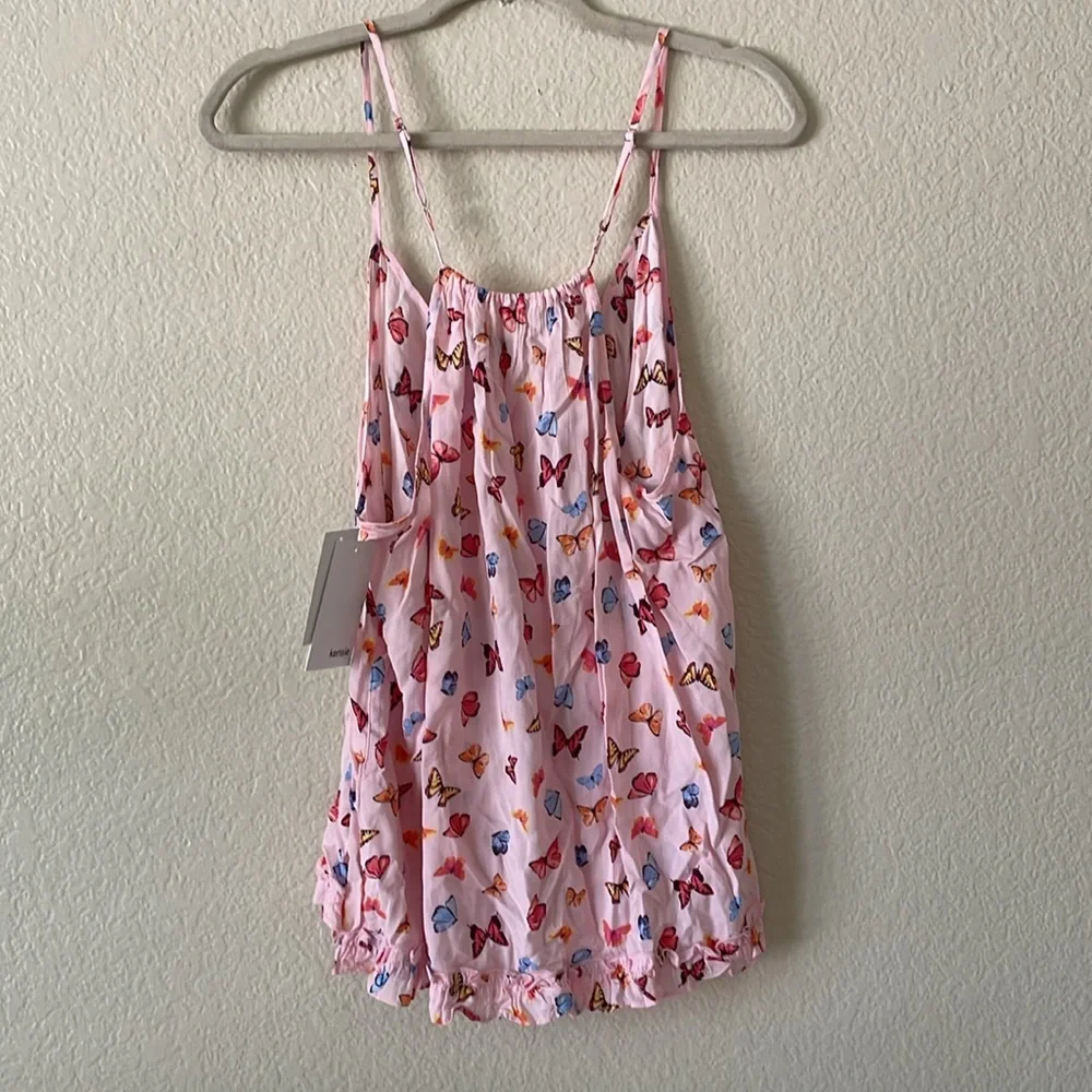 Kensie Camisole Top Scoop V Lounge Ruffle Tank Cottage Butterflies Pink